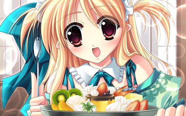 Anime picture 1024x640 with sora wo aogite kumo takaku mint (sora wo aogite kumo takaku) blonde hair wide image brown eyes game cg girl sweets fruit cake