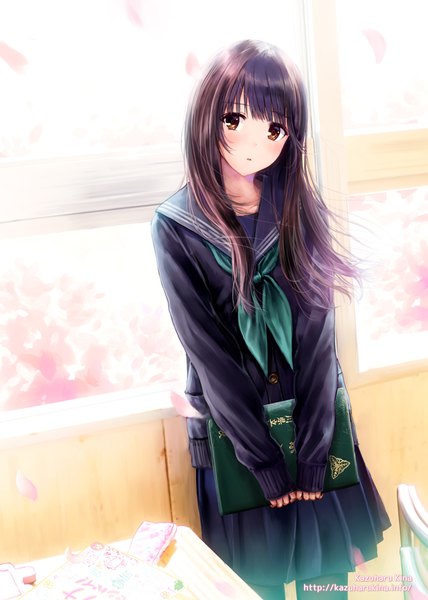 Anime picture 713x1000 with original kazuharu kina single long hair tall image looking at viewer blush black hair brown eyes girl skirt uniform petals serafuku window