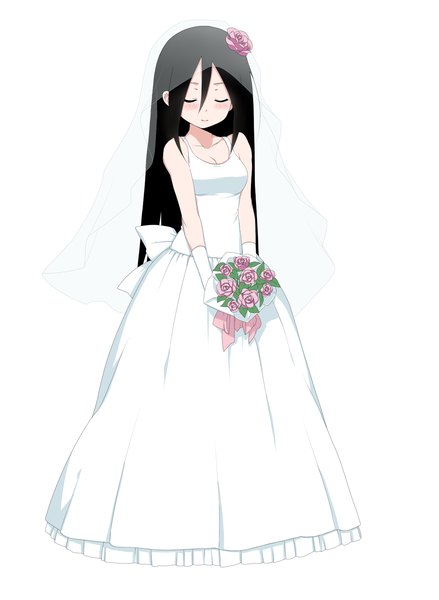 Anime picture 1253x1712 with sayonara zetsubou sensei shaft (studio) komori kiri ekra single long hair tall image blush fringe black hair simple background hair between eyes white background bare shoulders holding full body eyes closed hair flower girl dress