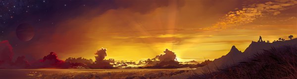 Anime picture 4002x1080 with original hangmoon highres wide image sky cloud (clouds) sunlight evening sunset landscape ruins panorama plant (plants) star (stars) grass planet