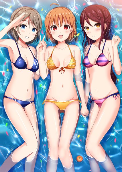 Anime picture 852x1200 with love live! sunshine!! sunrise (studio) love live! sakurauchi riko watanabe you takami chika morerin long hair tall image looking at viewer blush fringe short hair breasts open mouth blue eyes light erotic smile hair between eyes red eyes