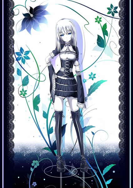 Anime picture 1032x1457 with arvalion single long hair tall image blue eyes white hair girl thighhighs dress flower (flowers) black thighhighs detached sleeves frills