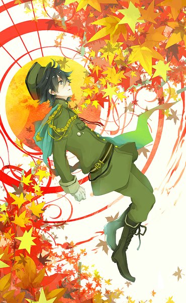 Anime picture 617x1000 with original anzu (astro75) single tall image short hair black hair profile looking up boy gloves boots white gloves leaf (leaves) peaked cap