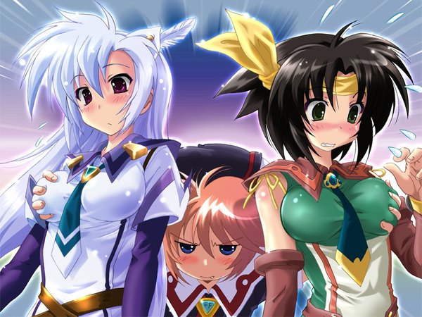 Anime picture 800x600 with akatsuki no amaneka to aoi kyojin deep-blue series amaneka machbuster cal ruslan eana komet komatsu eiji long hair blush fringe short hair breasts light erotic black hair red eyes multiple girls green eyes game cg head tilt orange hair breast grab