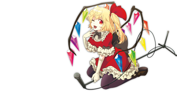 Anime picture 1500x800 with touhou flandre scarlet short hair open mouth blonde hair red eyes wide image one eye closed wink teeth fang (fangs) one side up transparent background girl dress wings microphone microphone stand