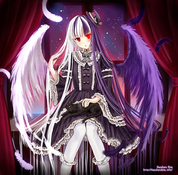 Anime picture 800x785 with original kazuharu kina single looking at viewer blush fringe red eyes sitting purple hair white hair indoors very long hair head tilt multicolored hair wide sleeves two-tone hair :o glowing glowing eye (eyes) knees touching