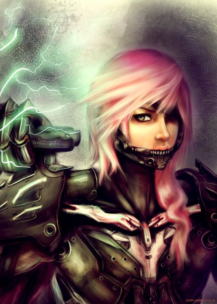 Anime picture 3500x4900 with final fantasy final fantasy xiii square enix lightning farron long hair tall image looking at viewer highres green eyes pink hair absurdres lightning mechanical parts girl