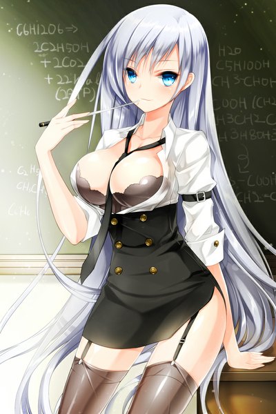 Anime picture 666x1000 with original juna single long hair tall image looking at viewer blush breasts blue eyes light erotic large breasts silver hair teacher girl thighhighs black thighhighs lingerie bra black bra