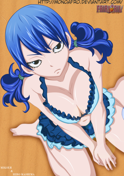 Anime picture 1068x1514 with fairy tail juvia lockser gold-mk single long hair tall image breasts light erotic sitting twintails blue hair from above black eyes inscription coloring girl swimsuit bikini