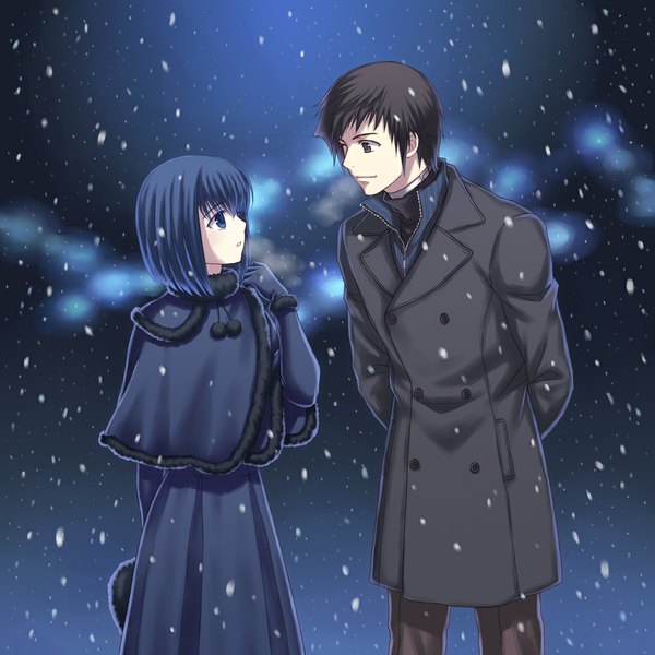 Anime picture 1000x1000 with mahou tsukai no yoru kuonji alice shizuki soujuurou hitomi aki (artist) short hair blue eyes black hair multiple girls blue hair black eyes snowing winter exhalation girl boy gloves 2 girls coat