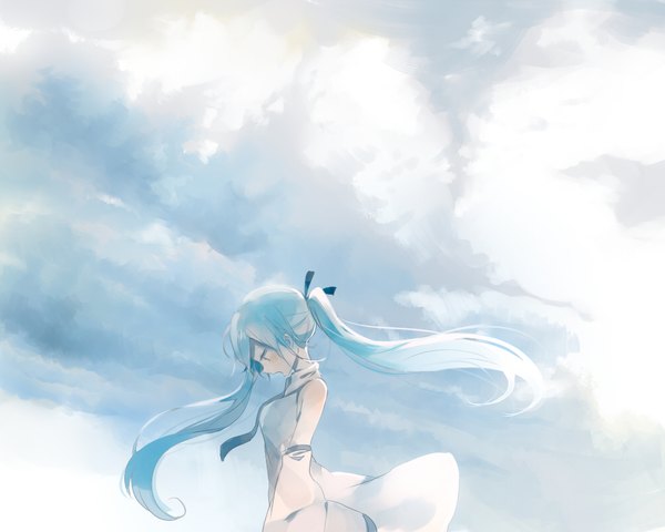 Anime picture 1000x800 with vocaloid hatsune miku niwa (ejizon) single long hair blush fringe open mouth standing twintails bare shoulders sky cloud (clouds) outdoors wind aqua hair wide sleeves walking girl ribbon (ribbons)
