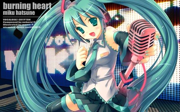 Anime picture 1280x800 with vocaloid hatsune miku mame-p long hair blush wide image twintails green eyes very long hair green hair girl thighhighs skirt detached sleeves necktie microphone microphone stand
