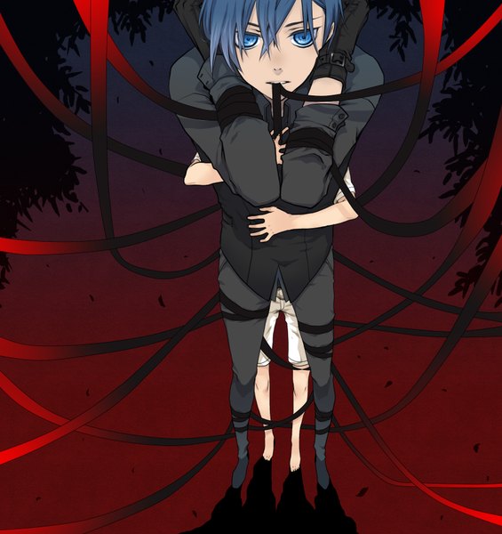 Anime picture 1600x1700 with vocaloid kaito (vocaloid) tall image looking at viewer short hair blue eyes standing blue hair barefoot couple hug dark background bondage boy gloves ribbon (ribbons) shirt shorts white shorts