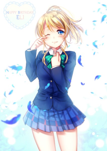 Anime picture 600x847 with love live! school idol project sunrise (studio) love live! ayase eli riichu single tall image looking at viewer blush short hair blonde hair smile ponytail pleated skirt one eye closed wind blurry character names tears hand on chest