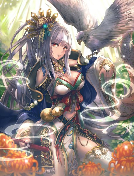 Anime picture 764x1000 with original shintou single long hair tall image looking at viewer fringe breasts light erotic large breasts standing bare shoulders yellow eyes long sleeves grey hair sunlight wide sleeves bare belly smoke girl