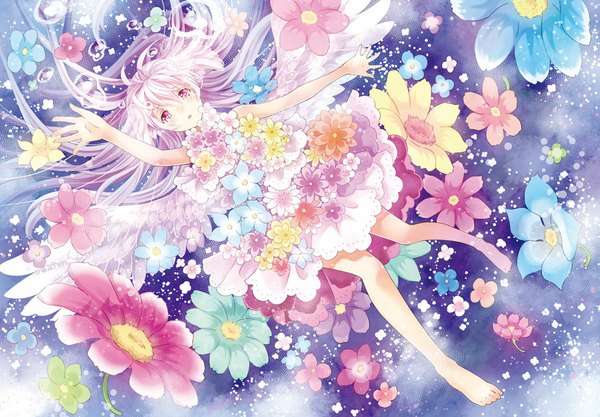 Anime picture 1000x695 with original akisaki rio single long hair open mouth red eyes white hair barefoot bare legs tears girl dress flower (flowers) wings bubble (bubbles)