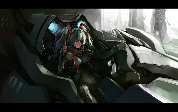Anime picture 1700x1079 with vocaloid hatsune miku blueman fringe smile sitting twintails very long hair aqua eyes sunlight aqua hair letterboxed girl ribbon (ribbons) bodysuit pilot suit airplane jet