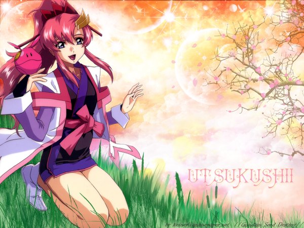 Anime picture 1600x1200 with gundam seed lacus clyne haro single long hair looking at viewer fringe open mouth hair between eyes purple eyes signed pink hair full body ponytail :d kneeling third-party edit girl hair ornament plant (plants)