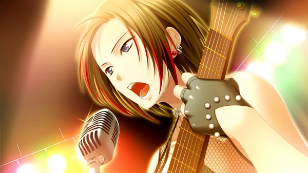 Anime picture 1280x720 with morobito kozorite (game) short hair open mouth blue eyes black hair wide image game cg girl microphone guitar
