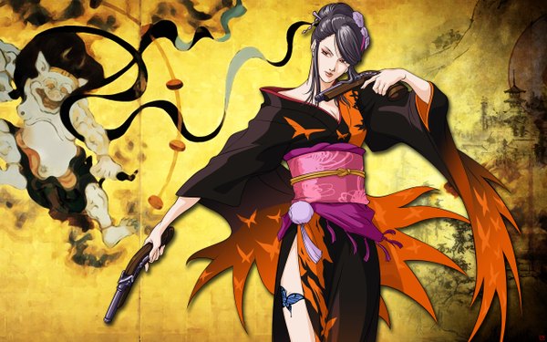 Anime picture 2560x1600 with sengoku basara production i.g nouhime single long hair highres black hair wide image brown eyes cleavage japanese clothes hair flower tattoo open collar animal print butterfly print girl hair ornament weapon kimono