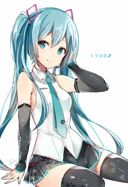 Anime picture 1046x1517 with vocaloid hatsune miku zhi zhi/zu zu single long hair tall image looking at viewer simple background smile white background sitting twintails bare shoulders signed aqua eyes aqua hair zettai ryouiki hand on headphones 39 girl