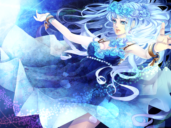 Anime picture 2000x1500 with macross macross frontier sheryl nome katsu ryouji (rana+) long hair highres open mouth blue eyes blue hair nail polish tears spread arms girl dress flower (flowers) earrings petals bracelet blue dress blue rose