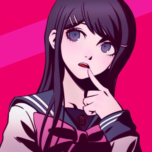 Anime picture 1024x1024 with dangan ronpa maizono sayaka ilya kuvshinov single long hair blush open mouth black hair simple background looking away black eyes finger to mouth portrait pink background girl uniform hair ornament serafuku bobby pin