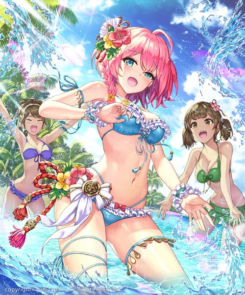 Anime picture 1250x1500 with sengoku enbu-kizna- hhama tall image looking at viewer blush fringe short hair breasts open mouth blue eyes light erotic smile hair between eyes brown hair large breasts standing twintails multiple girls brown eyes pink hair