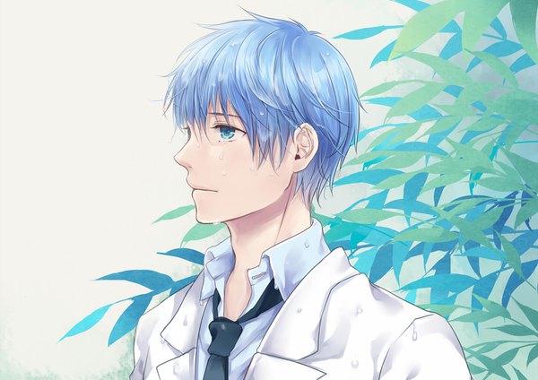 Anime picture 1144x810 with kuroko no basket production i.g kuroko tetsuya jaerika (artist) single fringe short hair simple background hair between eyes blue hair profile aqua eyes wet wet clothes open collar boy plant (plants) shirt necktie water drop