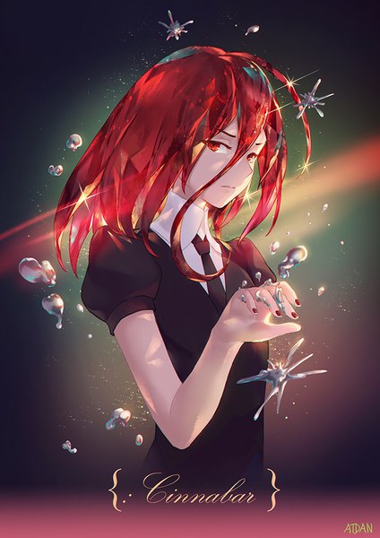 Anime picture 700x990 with houseki no kuni cinnabar (houseki no kuni) atdan single long hair tall image looking at viewer fringe simple background hair between eyes red eyes signed upper body ahoge red hair nail polish fingernails sparkle puffy sleeves red nail polish