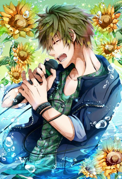 Anime picture 682x1000 with free! kyoto animation tachibana makoto kaya (hydego) single tall image short hair open mouth eyes closed green hair open clothes open jacket twisty sleeves singing boy flower (flowers) water jacket bracelet water drop