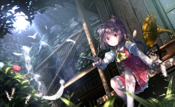 Anime picture 1631x1000 with touhou chen ryosios single looking at viewer fringe short hair smile wide image sitting purple eyes animal ears purple hair tail animal tail sunlight cat ears cat girl cat tail multiple tails