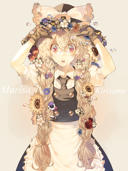 Anime picture 800x1066 with touhou kirisame marisa pig ggul single long hair tall image fringe open mouth blonde hair red eyes standing braid (braids) hair flower arms up short sleeves puffy sleeves character names twin braids alternate hairstyle open collar
