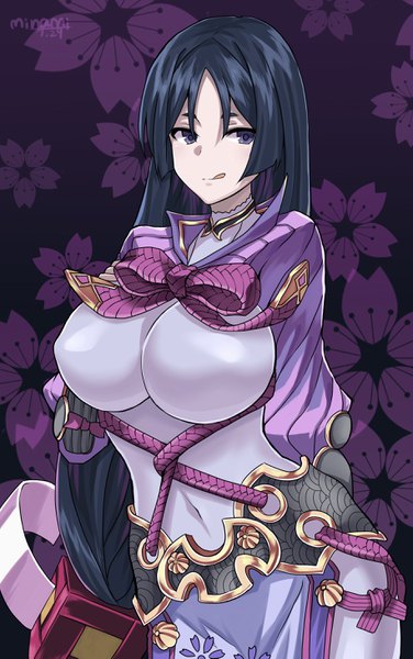 Anime picture 1832x2918 with fate (series) minamoto no raikou (fate) makise medaka single long hair tall image looking at viewer fringe highres breasts light erotic black hair hair between eyes large breasts standing purple eyes signed payot dated licking