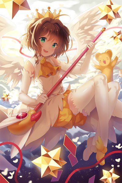 Anime picture 720x1080 with card captor sakura clamp kinomoto sakura hitsukuya single tall image looking at viewer blush fringe short hair open mouth smile brown hair holding green eyes sky cloud (clouds) full body ahoge bent knee (knees)