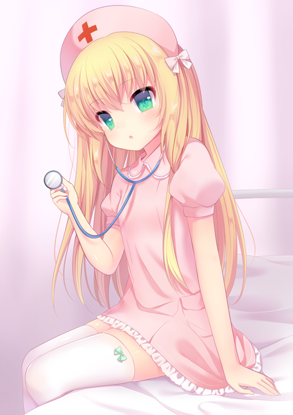 Anime picture 900x1273 with original moe2016 nachi single long hair tall image looking at viewer open mouth blonde hair green eyes nurse girl thighhighs uniform white thighhighs nurse cap stethoscope