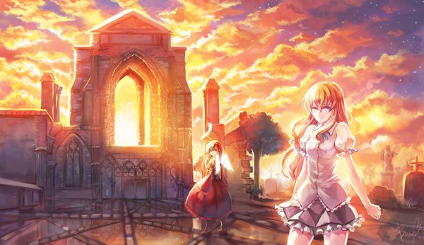 Anime picture 1800x1038 with original bryanth long hair highres blue eyes wide image multiple girls signed cloud (clouds) looking back sunlight orange hair scenic girl dress 2 girls wings building (buildings) star (stars) cross