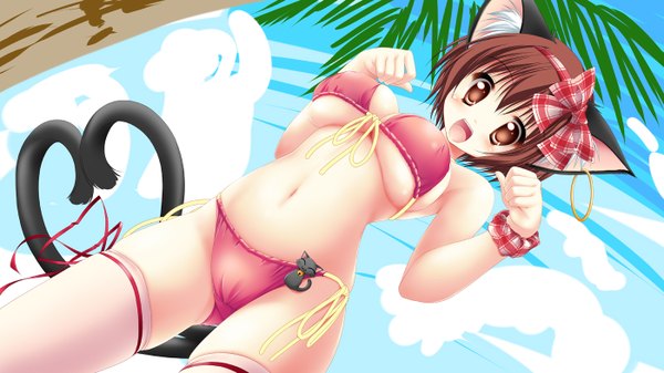 Anime picture 1400x788 with touhou chen kamiya tomoe single short hair breasts open mouth light erotic brown hair wide image brown eyes animal ears cat ears cat girl cat tail girl thighhighs navel bow swimsuit