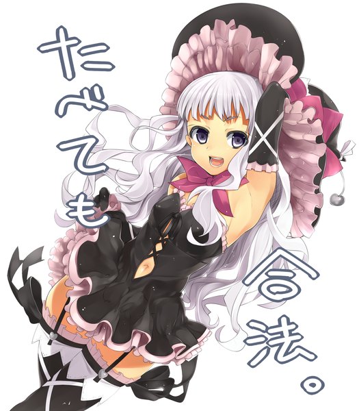 Anime picture 1901x2173 with shining (series) shining hearts melty de granite nishikou meri (artist) long hair tall image highres white hair silver eyes girl thighhighs dress gloves navel black thighhighs elbow gloves witch hat