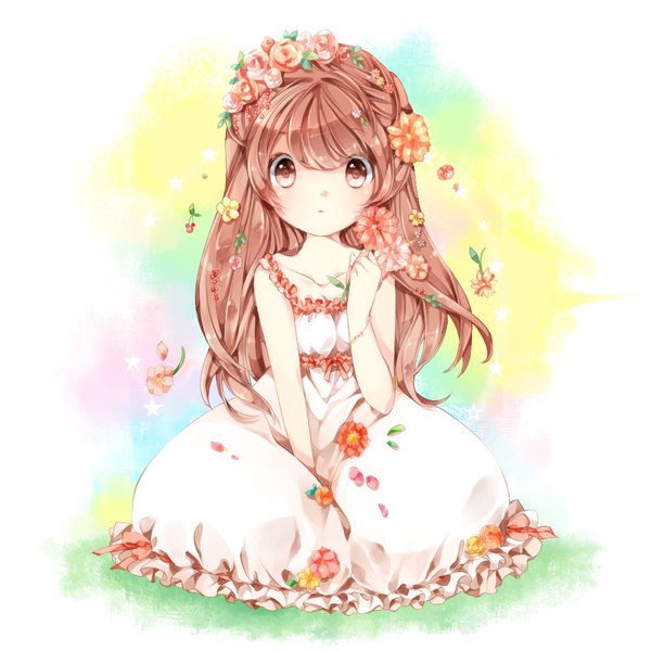 Anime picture 1050x1050 with original hachimitsu (127032) single long hair looking at viewer brown hair brown eyes girl dress flower (flowers) petals