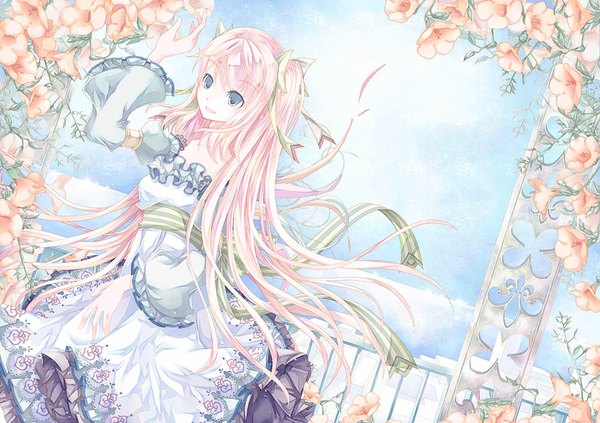 Anime picture 1000x705 with original kocho (artist) single open mouth blue eyes smile bare shoulders pink hair sky cloud (clouds) very long hair wind girl dress flower (flowers) ribbon (ribbons) hair ribbon detached sleeves