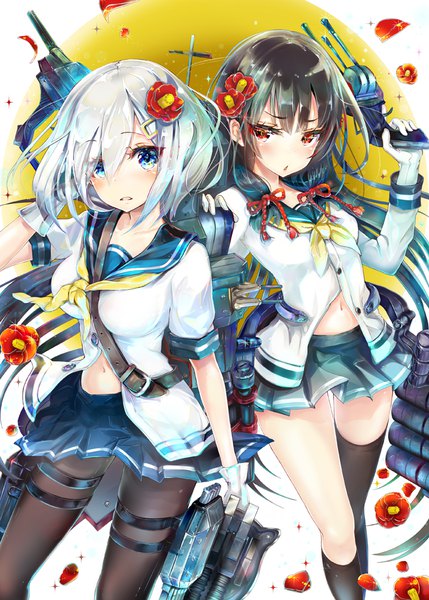 Anime picture 702x982 with kantai collection hamakaze destroyer isokaze destroyer keepout long hair tall image looking at viewer blush fringe short hair blue eyes black hair hair between eyes red eyes standing multiple girls holding looking away white hair parted lips
