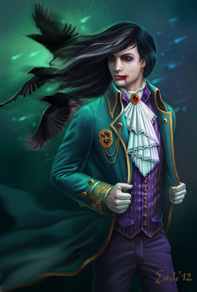 Anime picture 1081x1600 with lanfirka (artist) single long hair tall image black hair red eyes looking away wind grey hair striped vampire green background boy gloves earrings animal bird (birds) blood pants vest