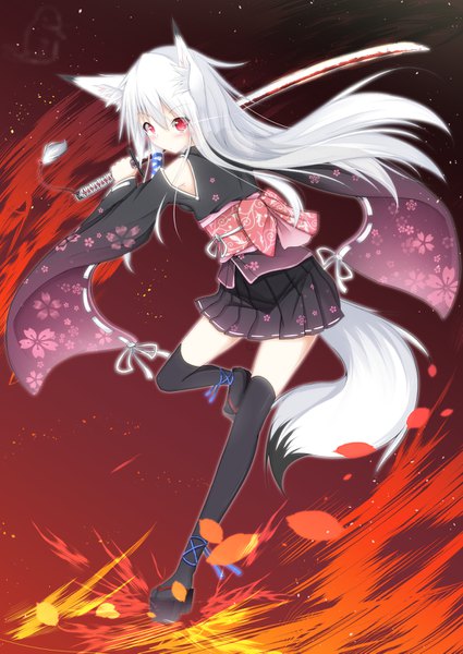 Anime picture 1032x1457 with original masa000010 single long hair tall image looking at viewer blush fringe hair between eyes red eyes standing holding animal ears silver hair tail traditional clothes japanese clothes animal tail pleated skirt wide sleeves