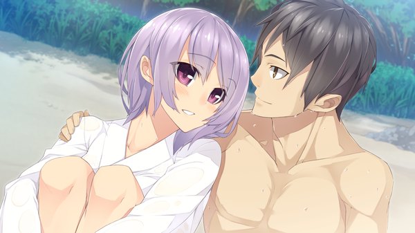 Anime picture 1280x720 with yume ka utsutsu ka matryoshka mukunoki shiori blush short hair black hair smile wide image purple eyes game cg silver hair couple beach girl boy