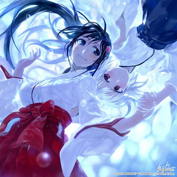 Anime picture 1000x1000 with original bob (biyonbiyon) long hair blue eyes black hair smile red eyes multiple girls white hair ponytail long sleeves traditional clothes japanese clothes hair flower wide sleeves embarrassed holding hands miko girl hair ornament