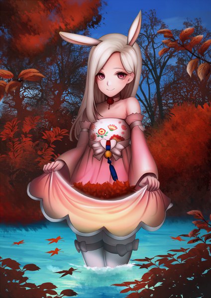 Anime picture 1000x1414 with tera online elin (tera) madan (kkh8936) single long hair tall image looking at viewer blush smile standing bare shoulders holding animal ears silver hair pink eyes floral print bunny girl autumn girl dress