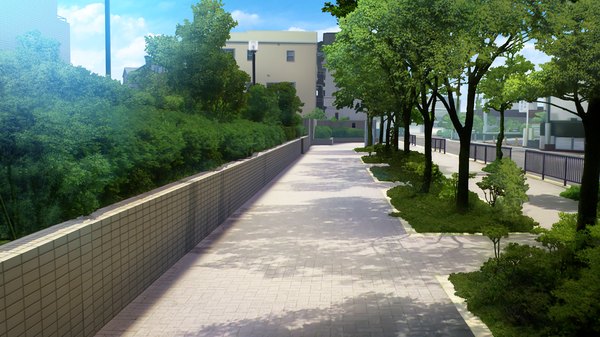 Anime picture 1280x720 with yumeiro alouette! wide image game cg no people landscape plant (plants) tree (trees) fence road