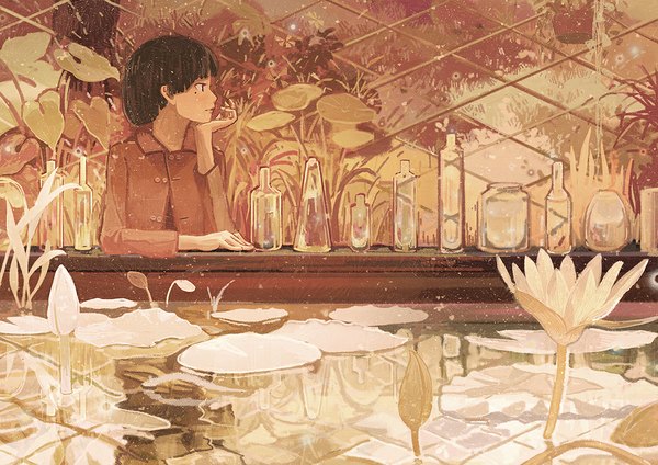 Anime picture 1000x708 with original gemi single short hair brown hair sitting looking away profile mole mole under eye reflection girl flower (flowers) plant (plants) water water lily