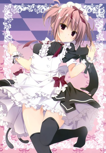 Anime picture 2107x3017 with original inugami kira single tall image looking at viewer highres short hair purple eyes twintails pink hair scan maid short twintails girl thighhighs dress black thighhighs frills headdress maid headdress